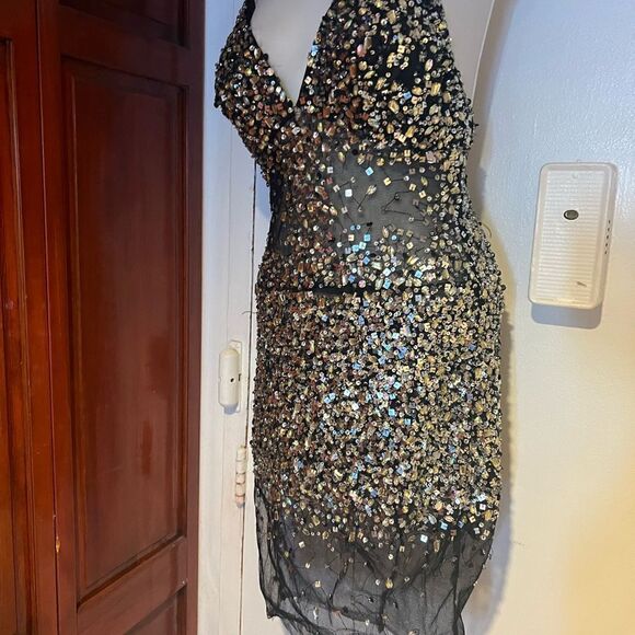 Sequence short prom dress evening event dress sequin beaded lace see thru dress - Picture 6 of 11